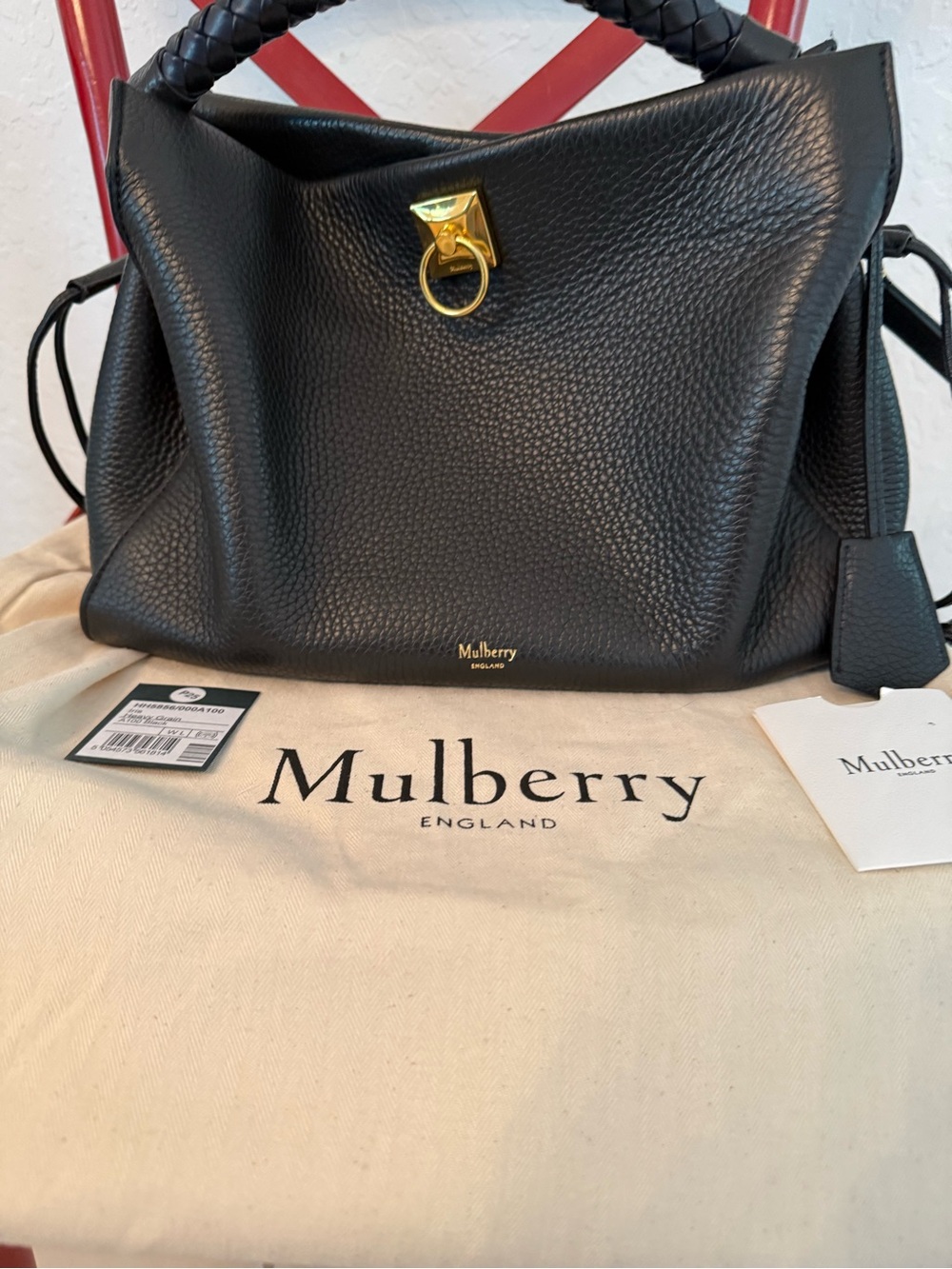 Mulberry Black Pebbled Leather Braided-Handle Satchel with Gold Hardware
